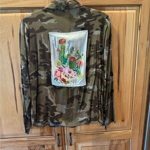 Camo Button-Down Shirt with Floral Embroidered Patch